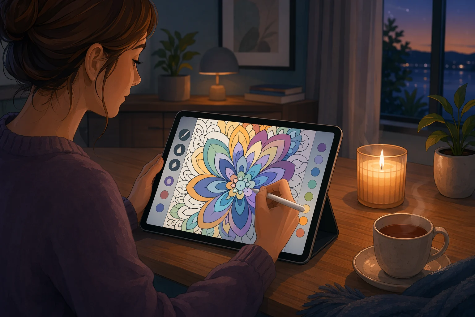 Adult coloring app on tablet with calming desk scene