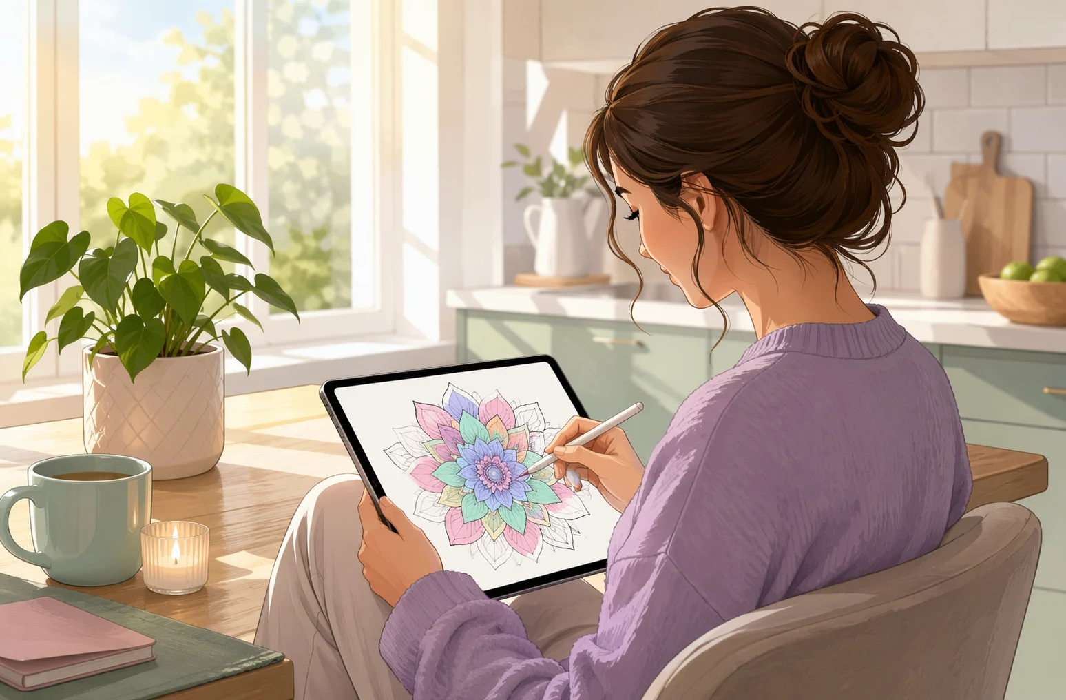 Person coloring mandala on tablet with houseplant in bright kitchen
