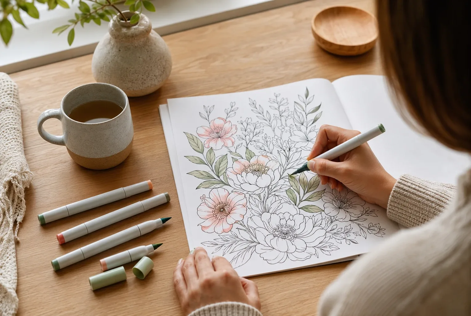 Why Adults Are Coloring Again: The Calm, Low-Decision Hobby Explained An adult coloring a floral page with pastel markers at a wooden desk