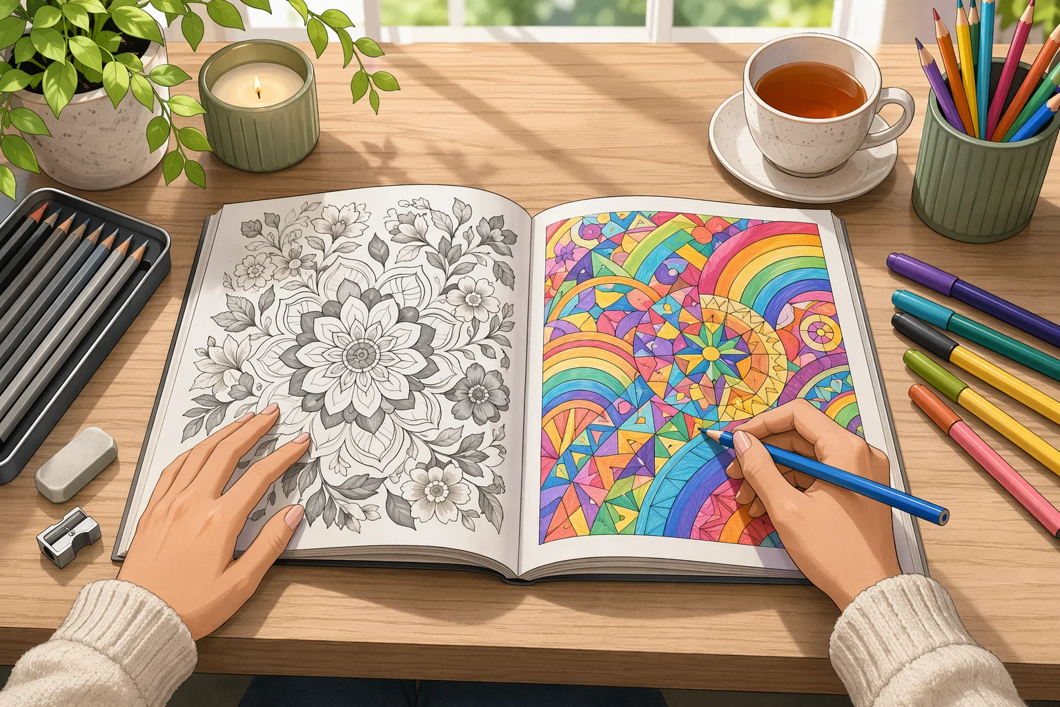 Split desk with monochrome floral page and vibrant rainbow pattern