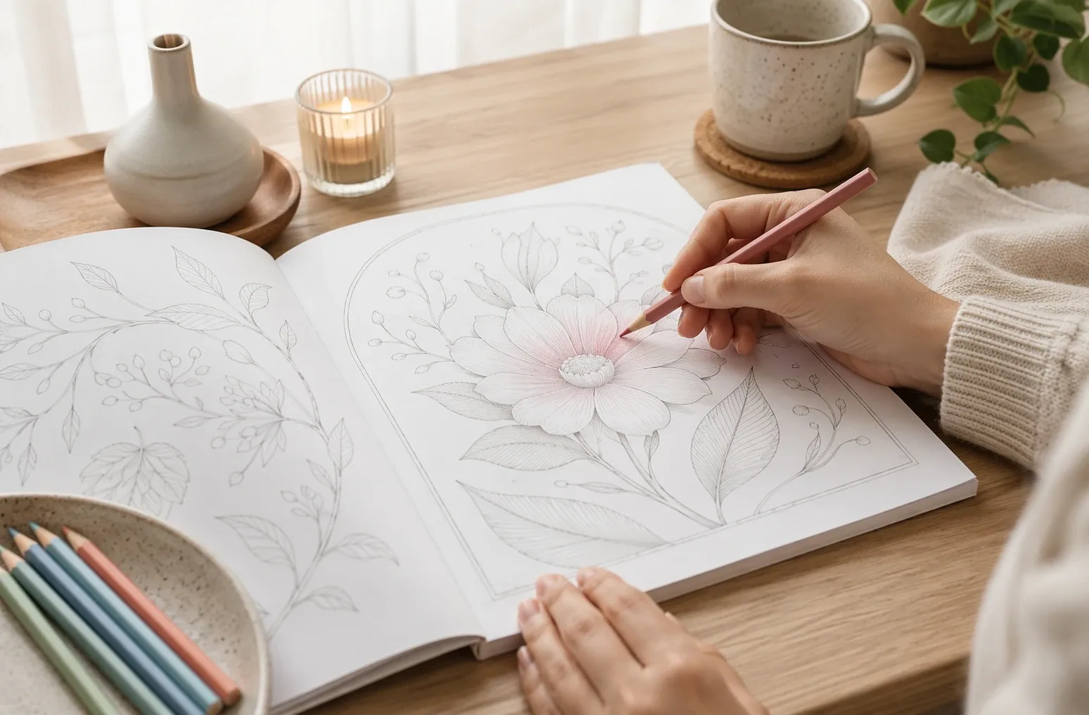 Relaxed hands coloring with soft gray guides