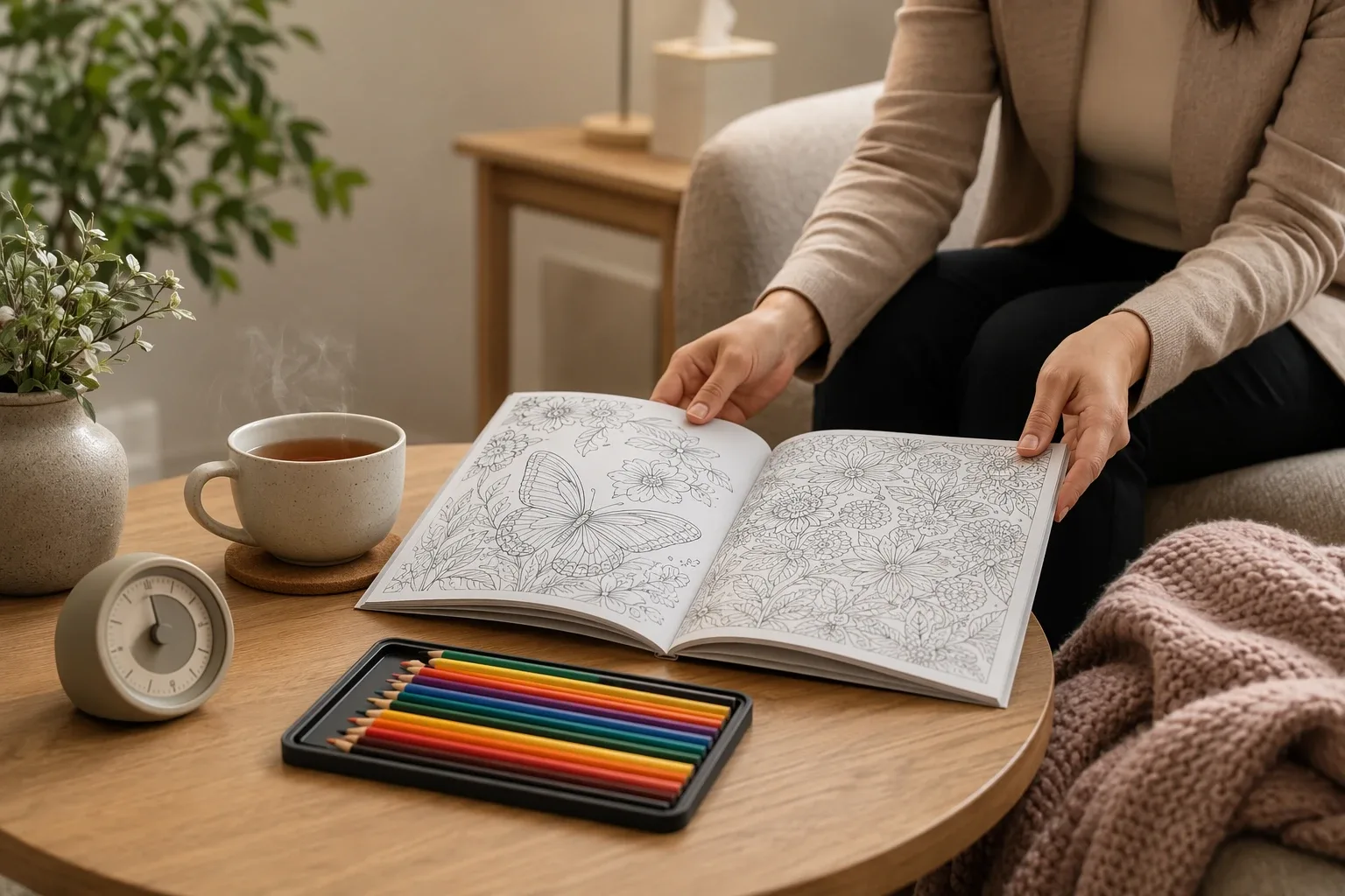 Therapist with monochrome coloring book and pencils