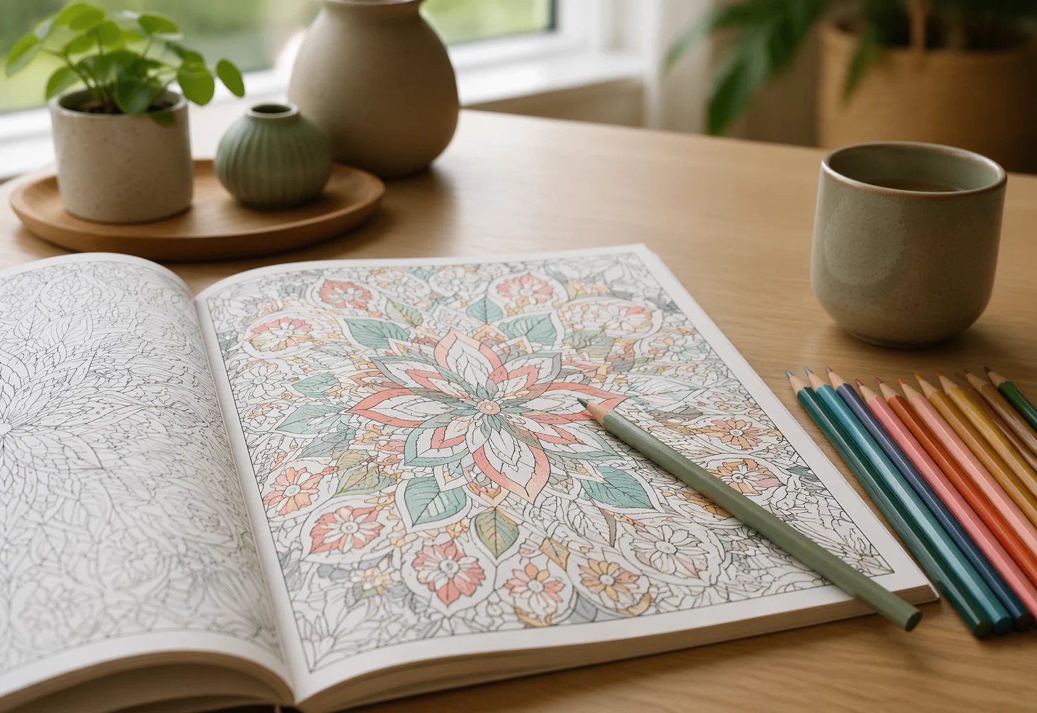 Adult coloring floral pattern with colored pencils on a quiet table
