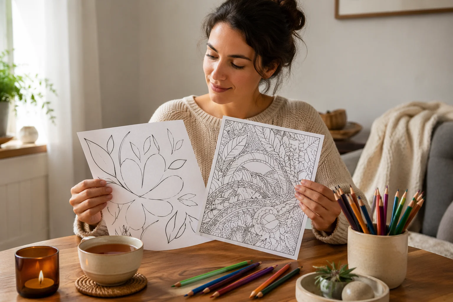 Person selecting between simple and detailed coloring pages beside tea and colored pencils