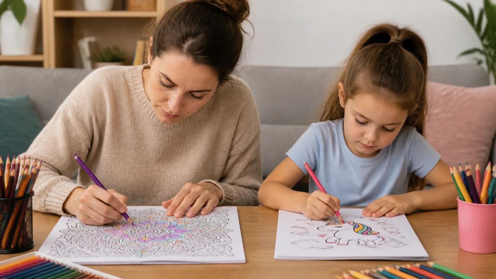 Adult and child coloring at a shared table with detailed and simple pages