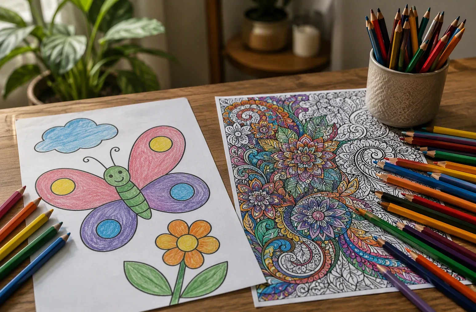 Close-up of simple kids coloring page and intricate adult page with scattered pencils