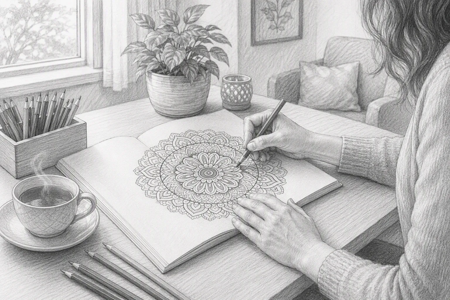 Pencil drawing of someone coloring a mandala page at a quiet desk by a window