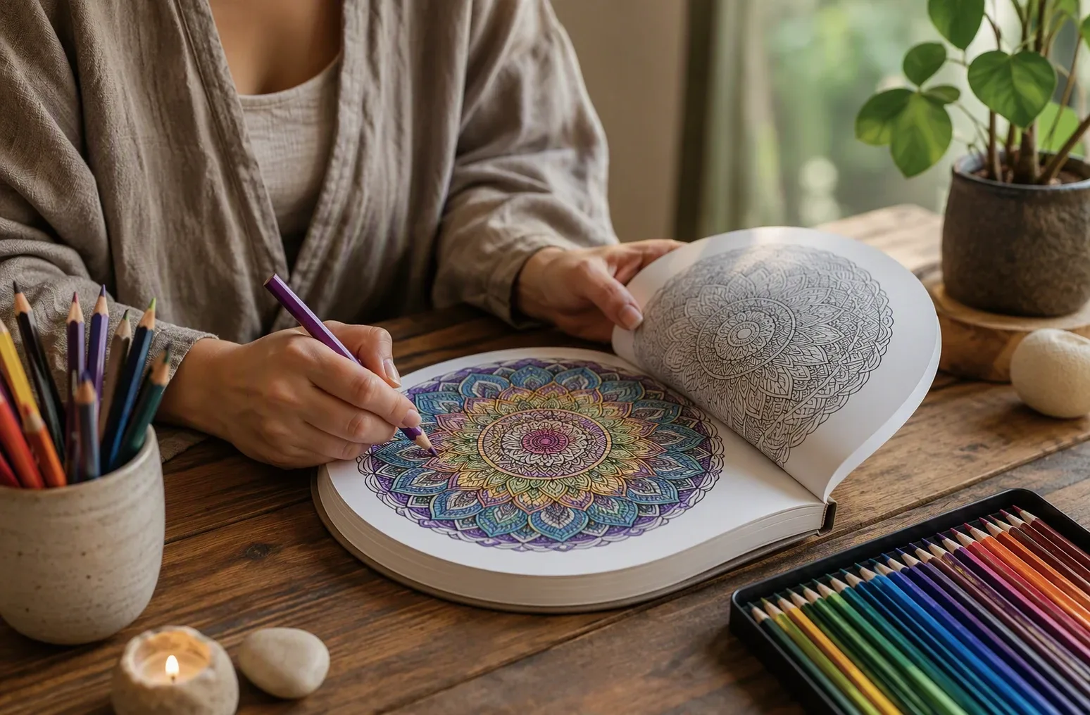 A person coloring a mandala page near a window