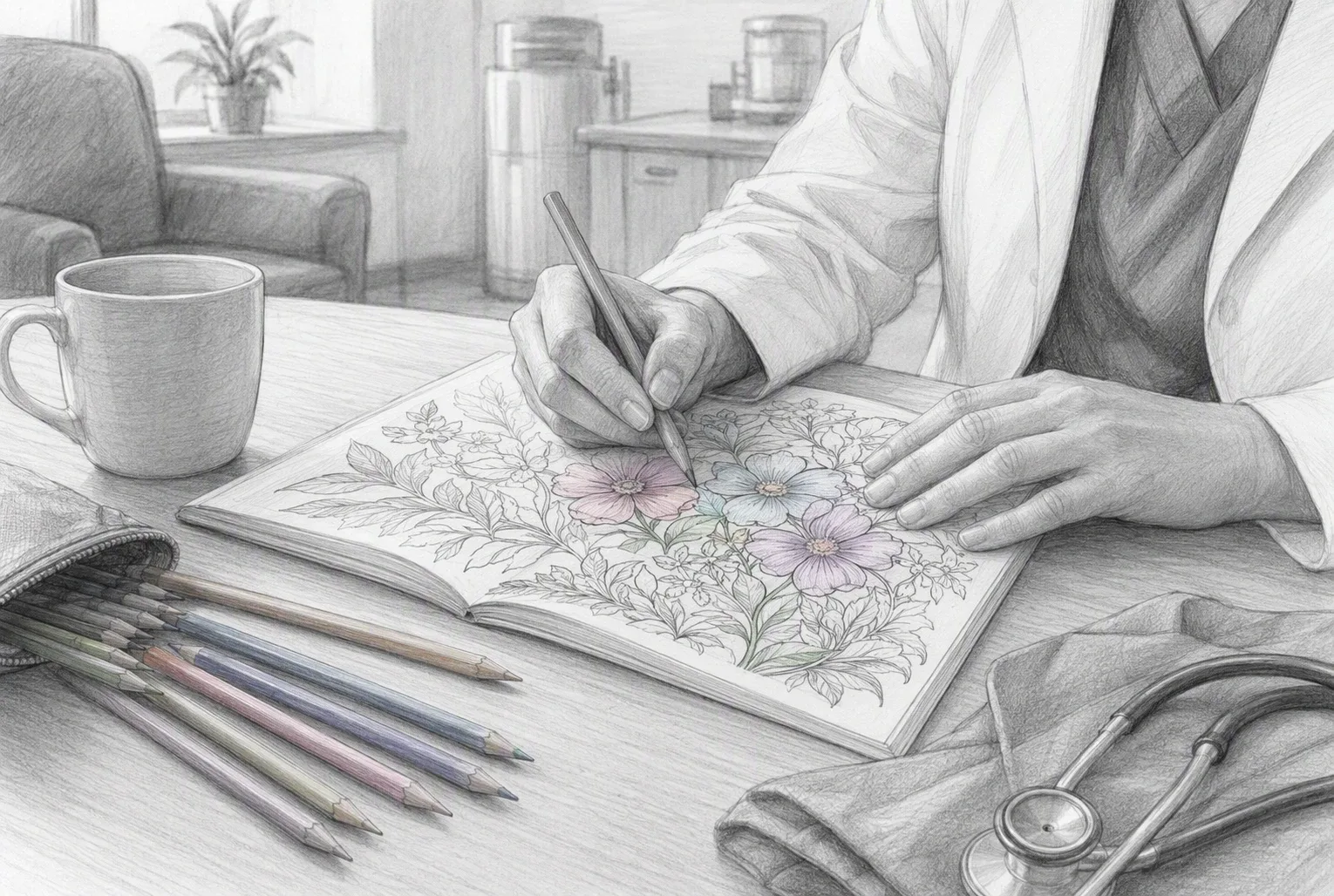 Pencil drawing of someone coloring a floral page during a short break