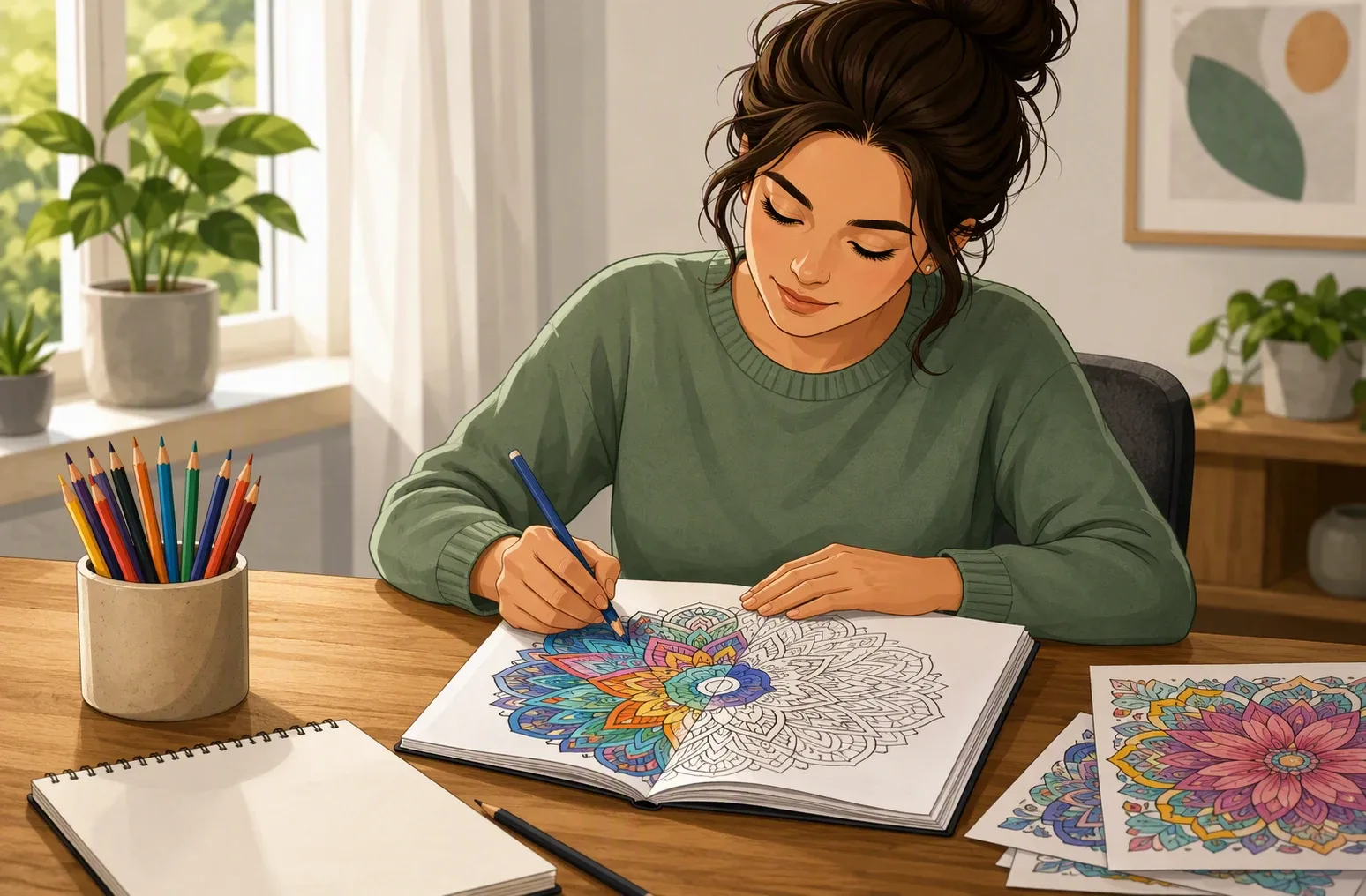 Adult coloring a structured mandala with pencils at a quiet table
