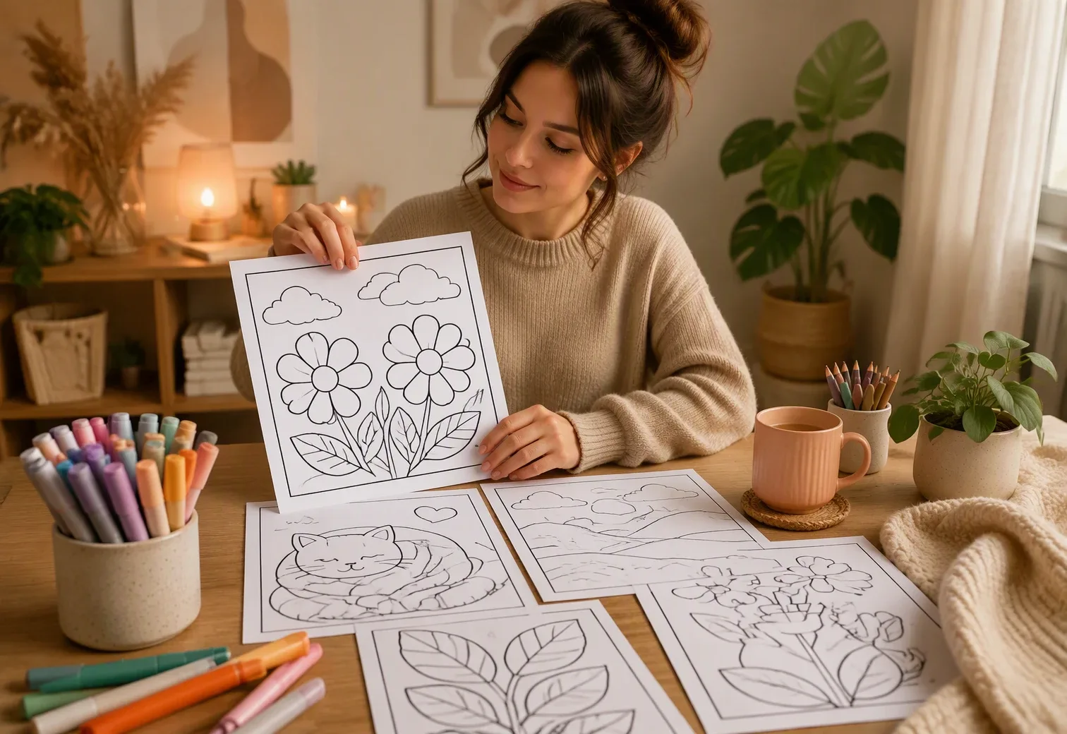 Adult selecting cozy outline coloring page with markers and printed sheets