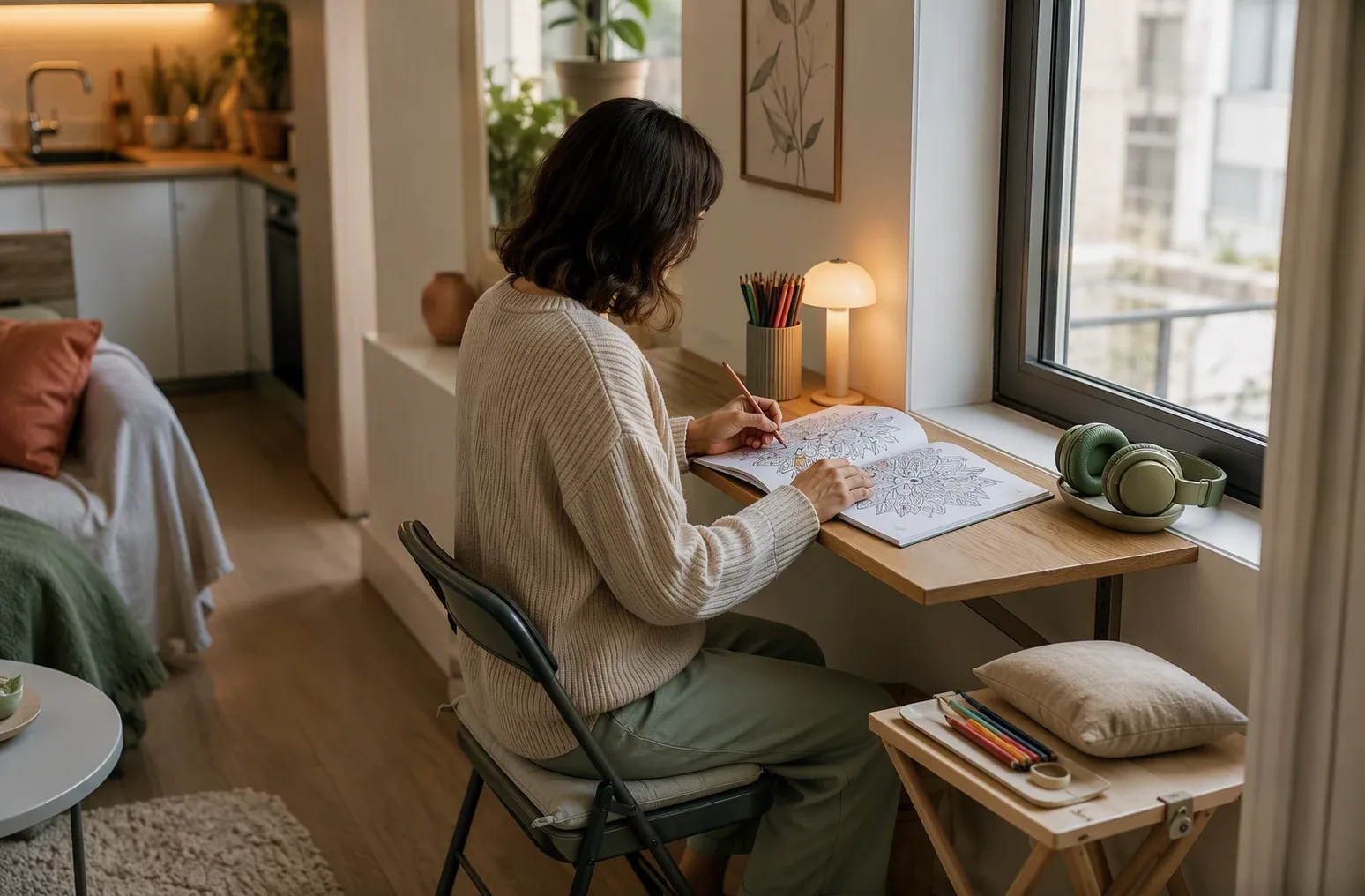 Micro desk by window with coloring tools