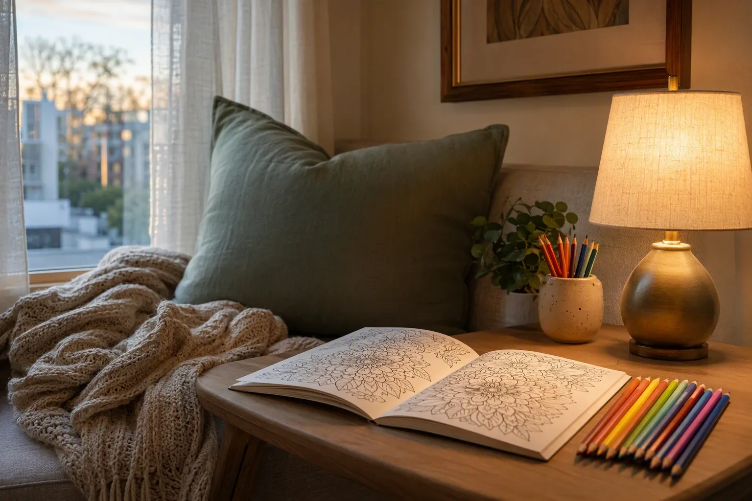 Warm task lamp highlights pencils beside soft cushion