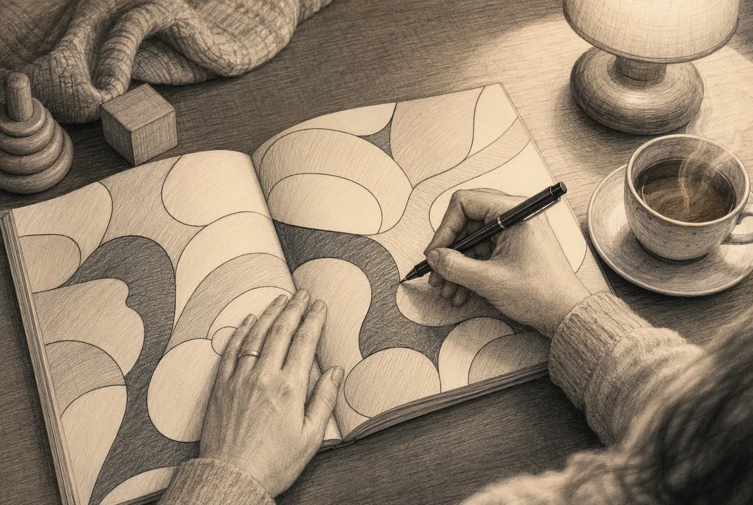 Coloring a one-color page of soft overlapping shapes with a single pen
