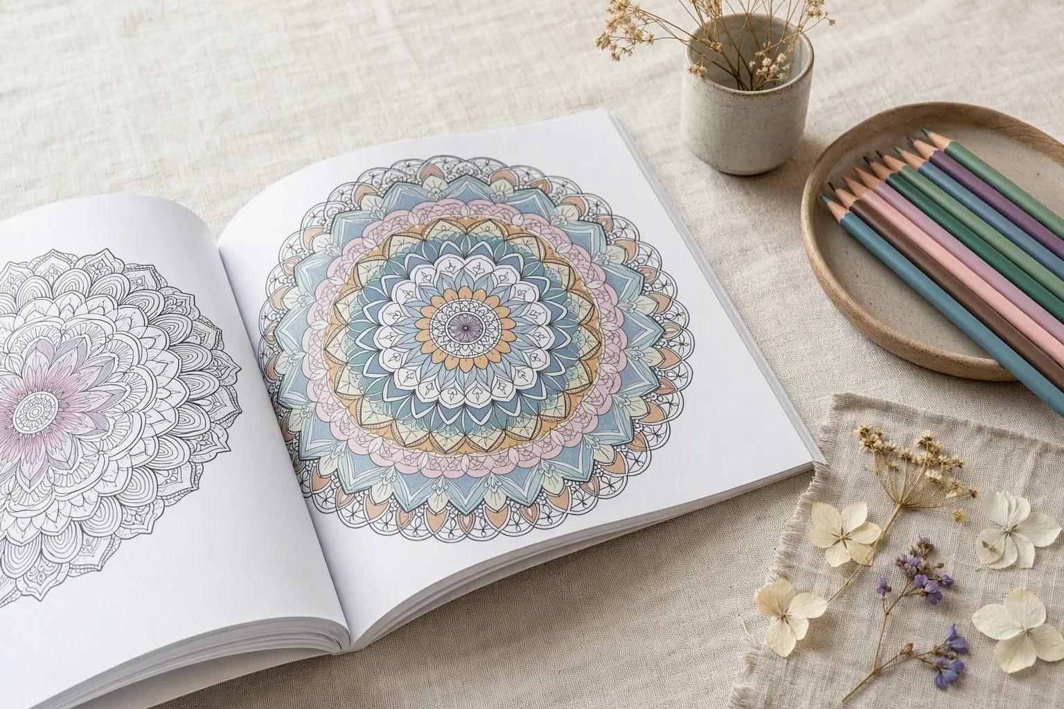 An open coloring book with a pastel mandala page beside colored pencils