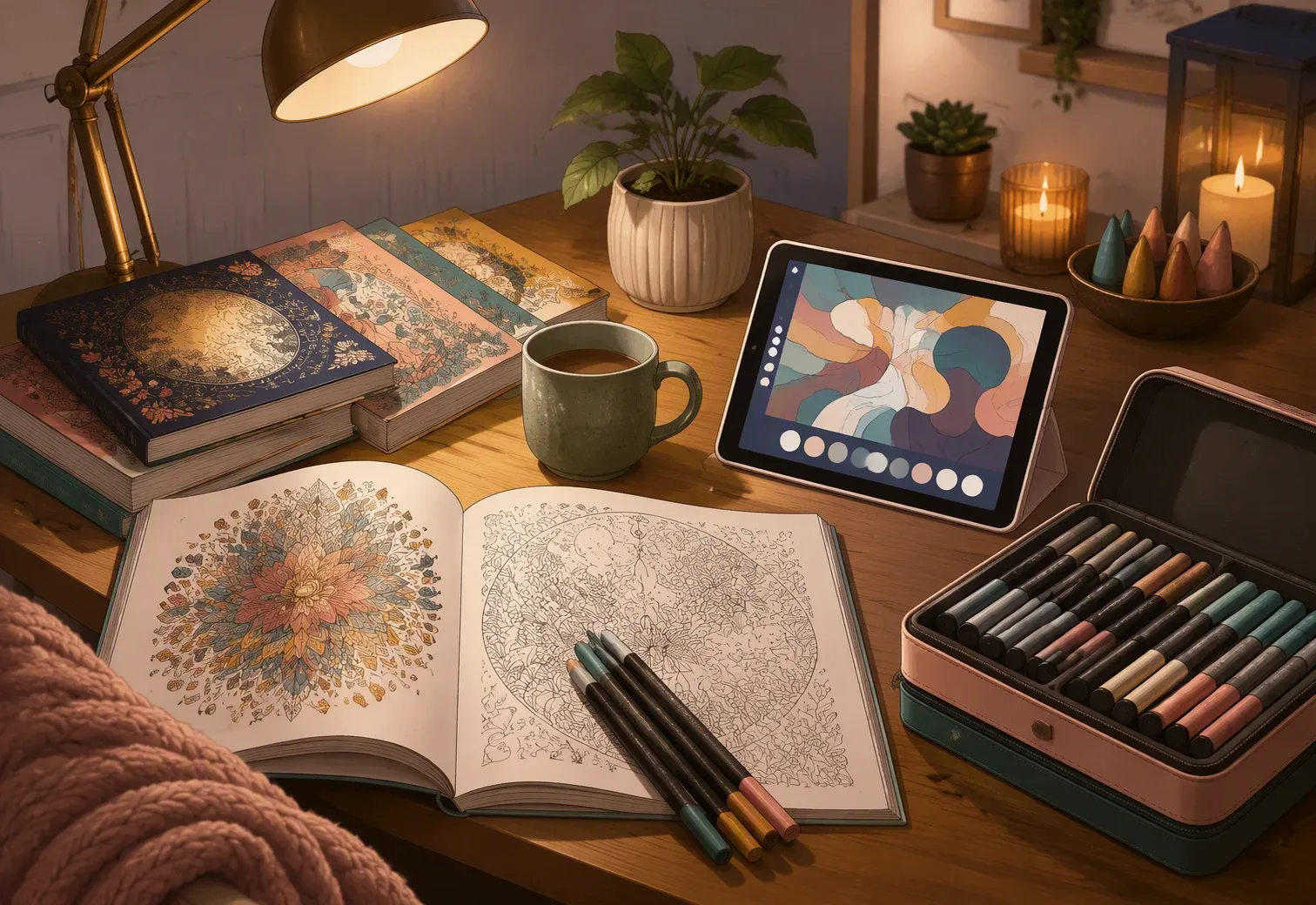 The Future of Adult Coloring: Trends and Insights for 2026 Adult coloring supplies on cozy desk with tablet