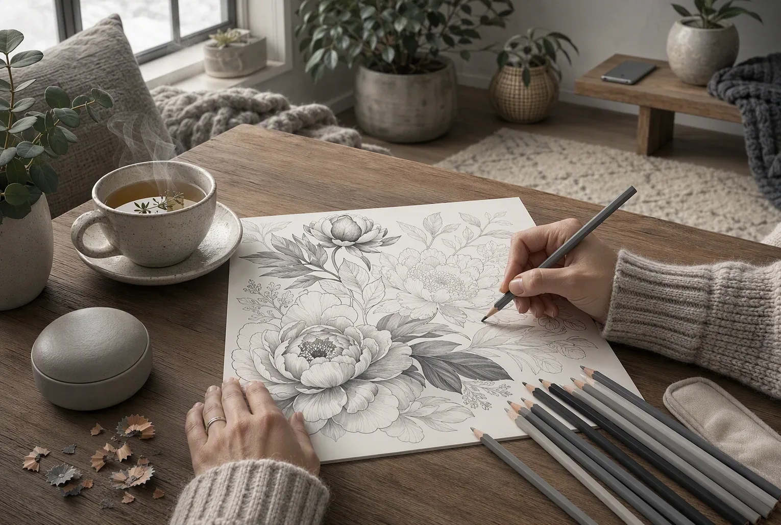 Mindful coloring with tea and pencils