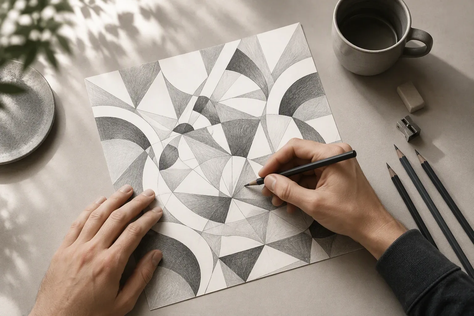 Hands mindfully shading geometric gray patterns